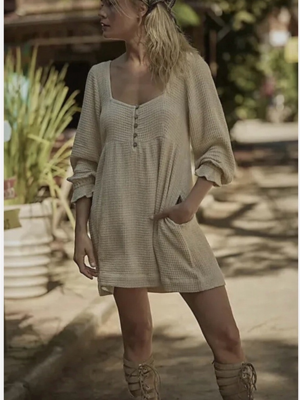 Free People Heather Gray Waffle Knit BLUE